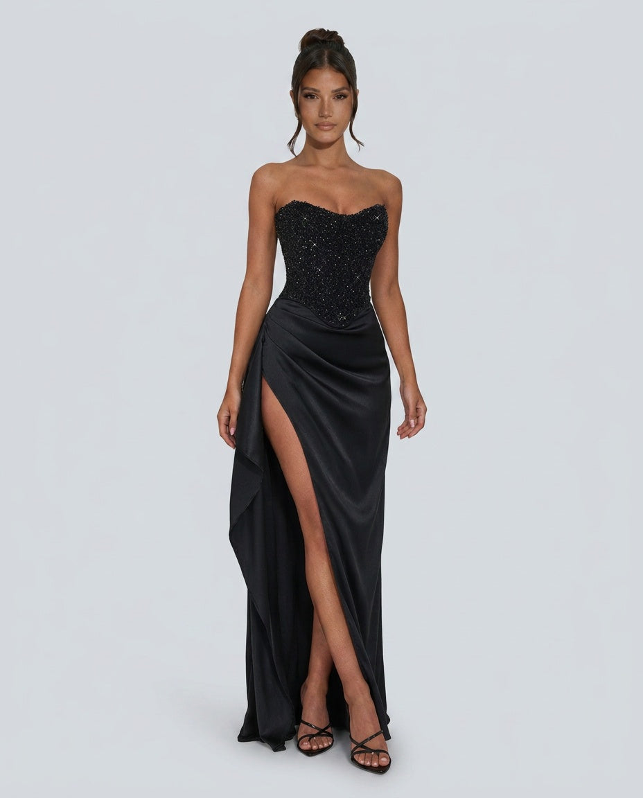 Chloe | Strapless Beaded Corset Satin Maxi Dress