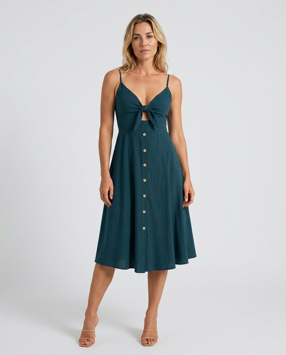 Pia | Button-Front Bow Detail Midi Dress