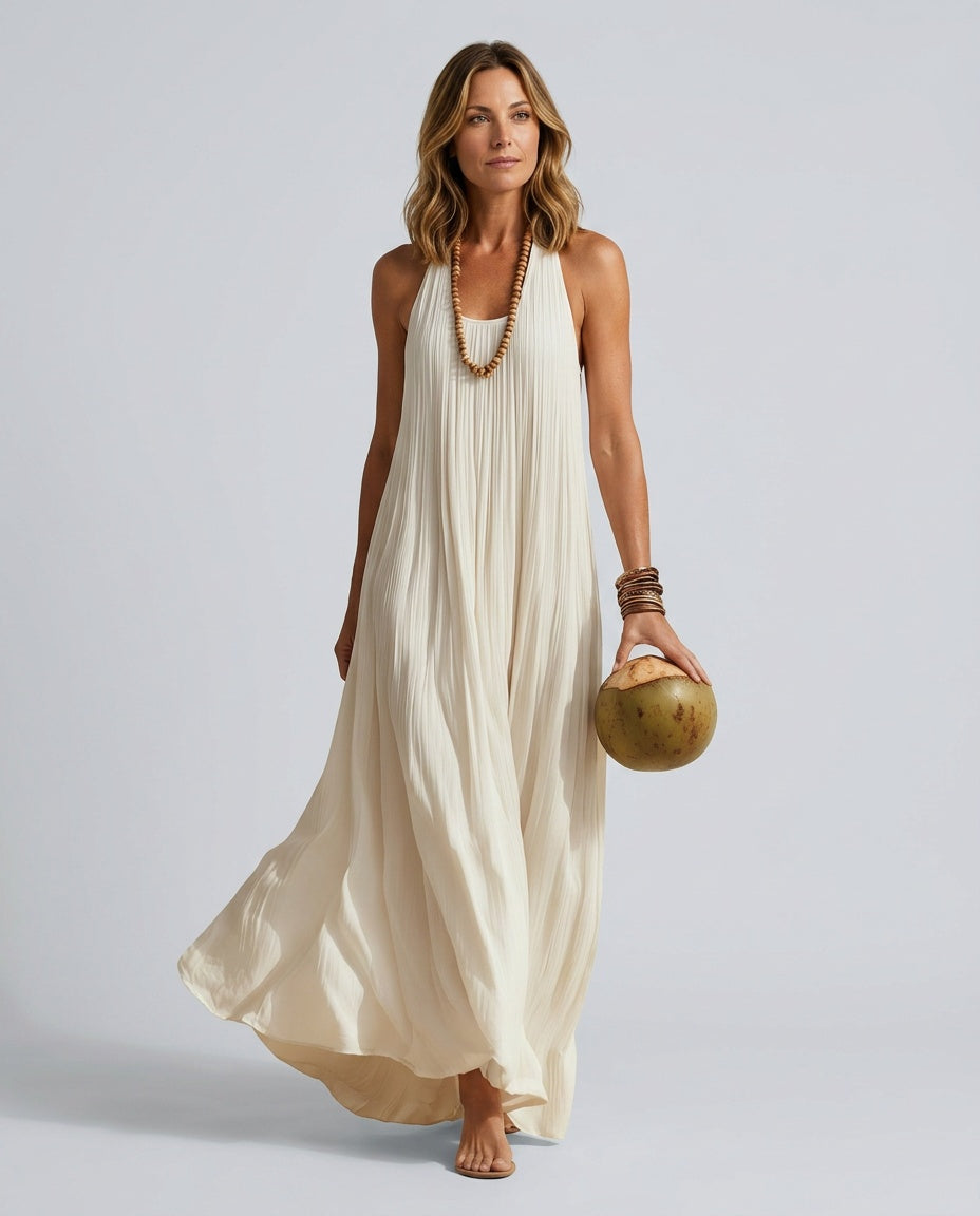 Calista | Sleeveless Chiffon-Look Cream White Maxi Dress