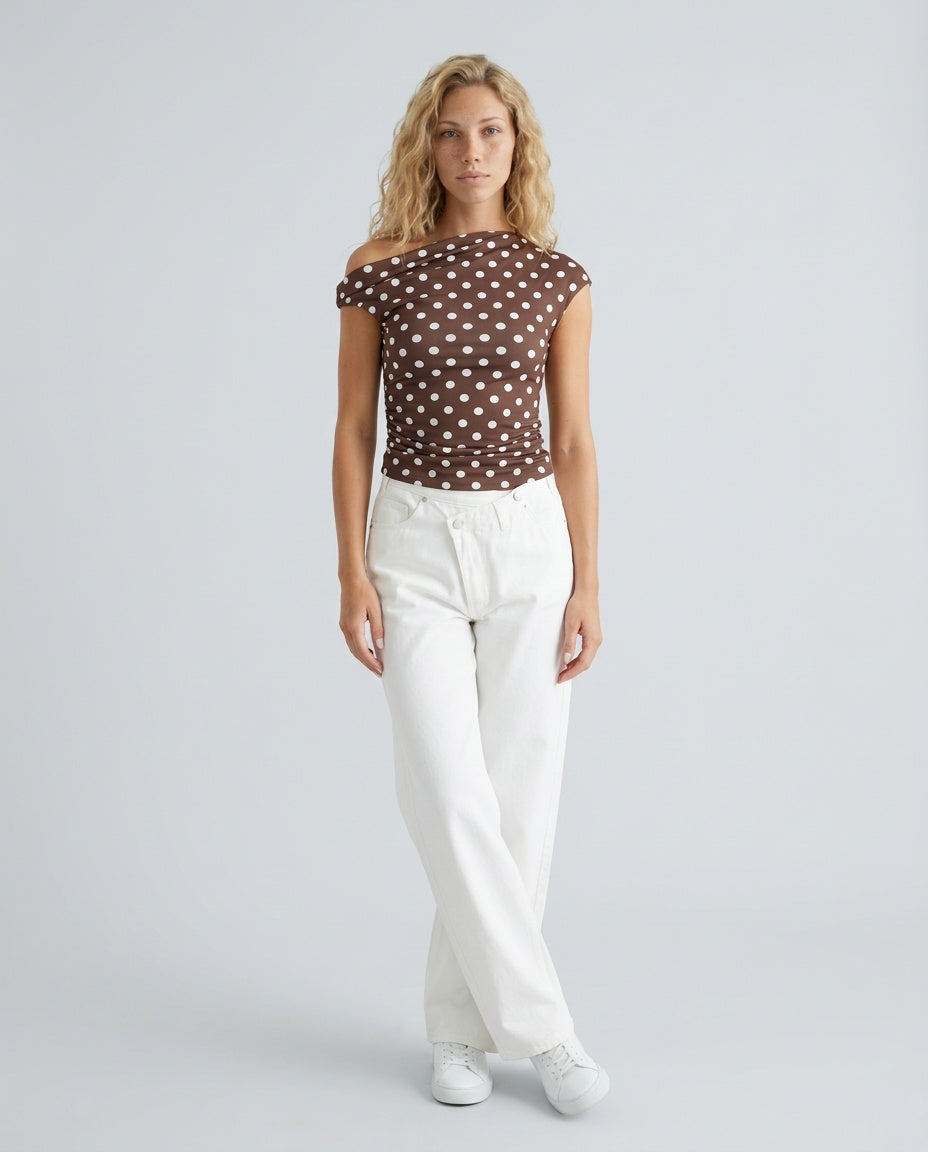 Georgia | One-Shoulder Pleated Polka Dot Top