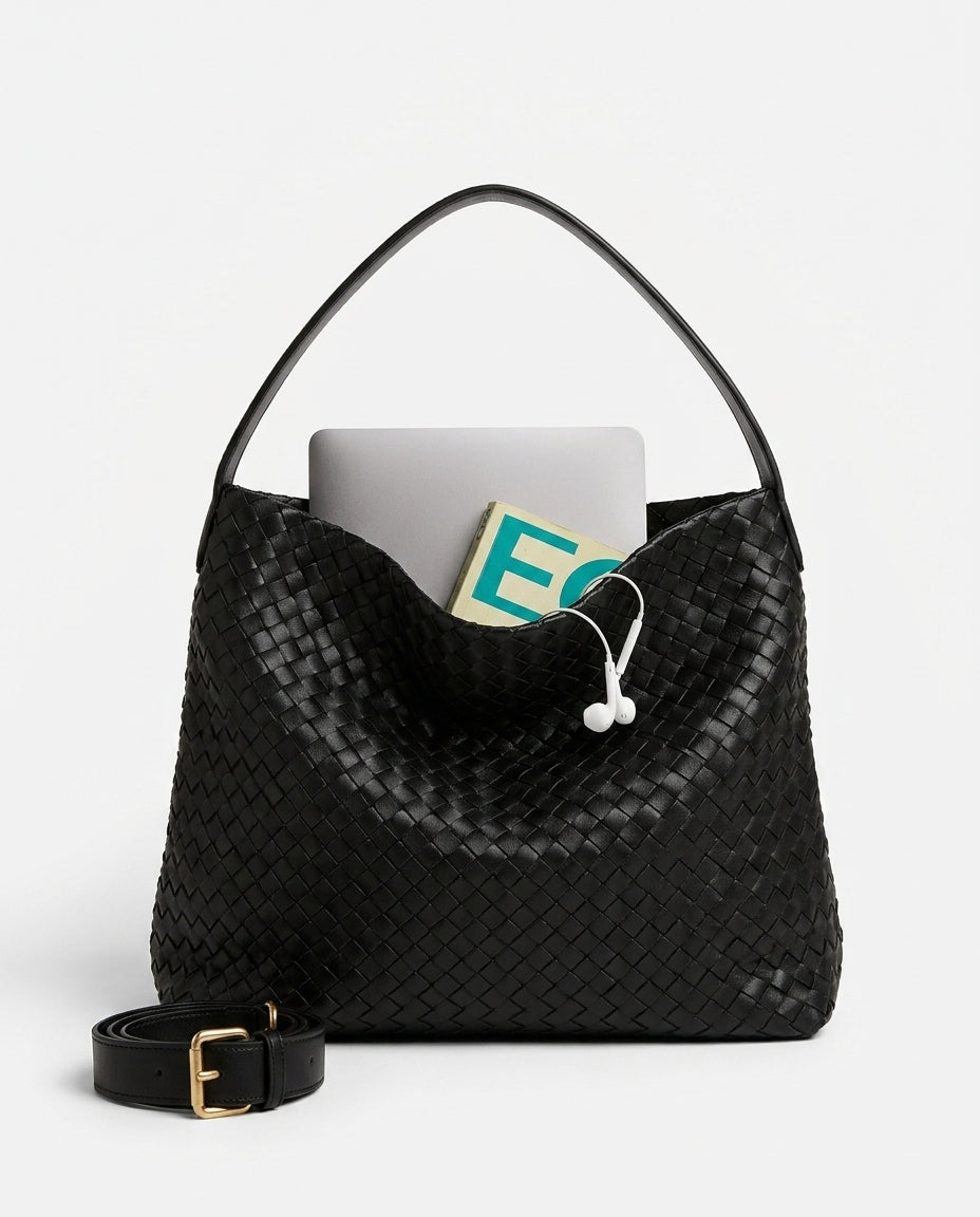 Woven Vegan Leather Structured Tote Bag