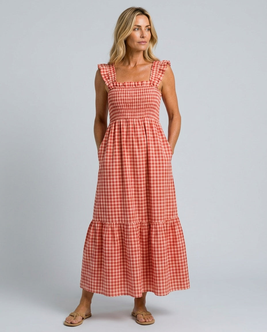 Ximena | Flutter Sleeve Smocked Gingham Maxi Dress