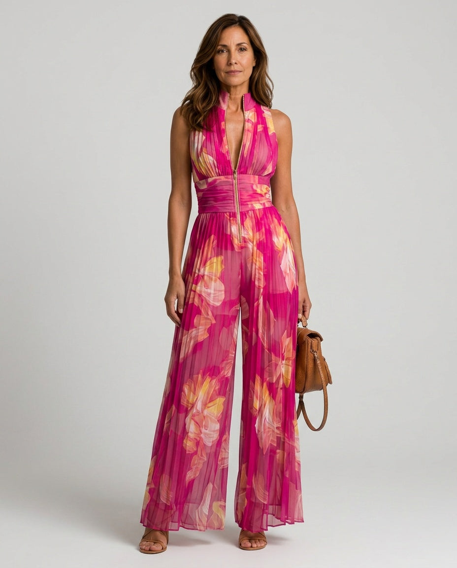 Zsofia | Floral Pleated Chiffon-Look Jumpsuit