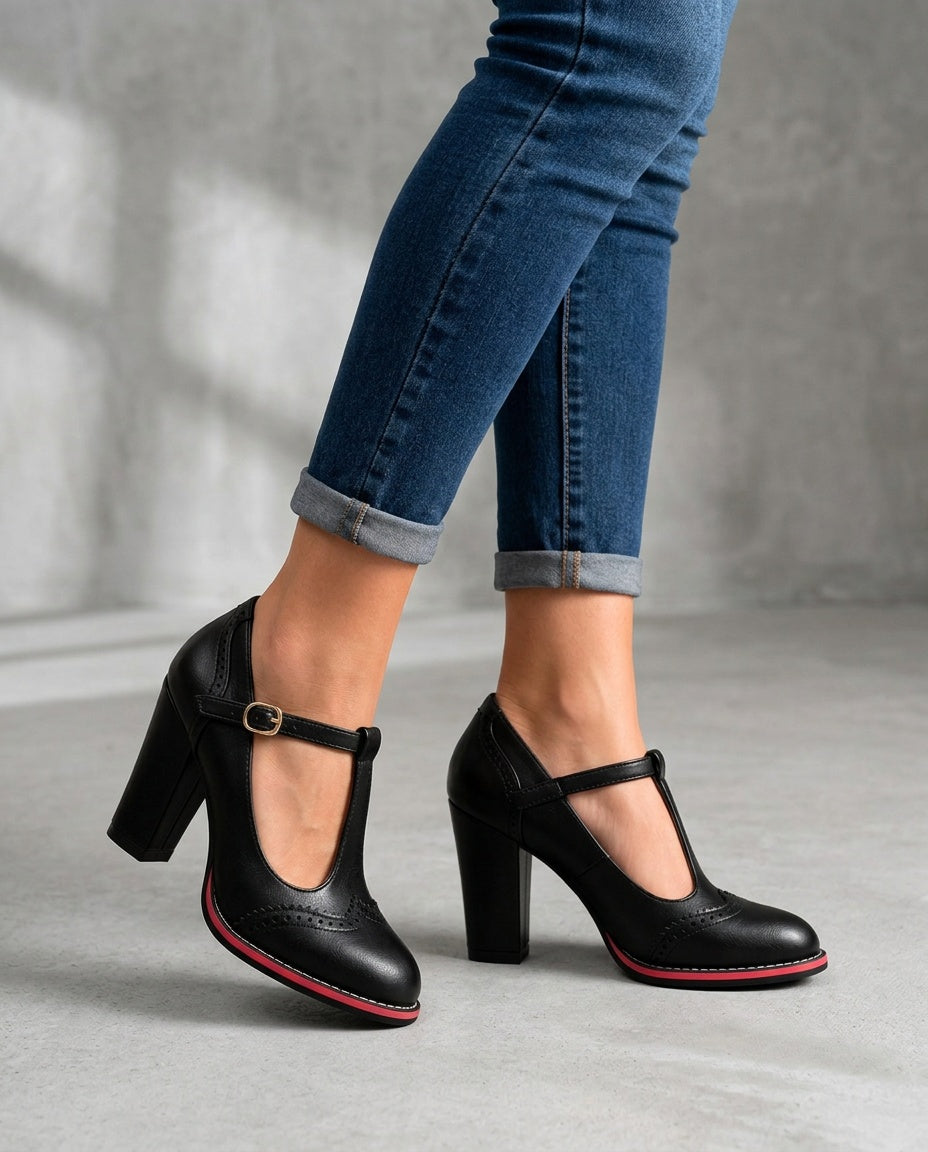 Orsini | Brogue T-Bar Block Heel Shoes