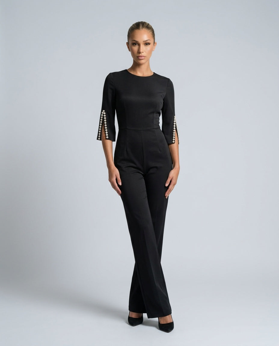 Nina | Beaded Sleeve Wide Leg Jumpsuit