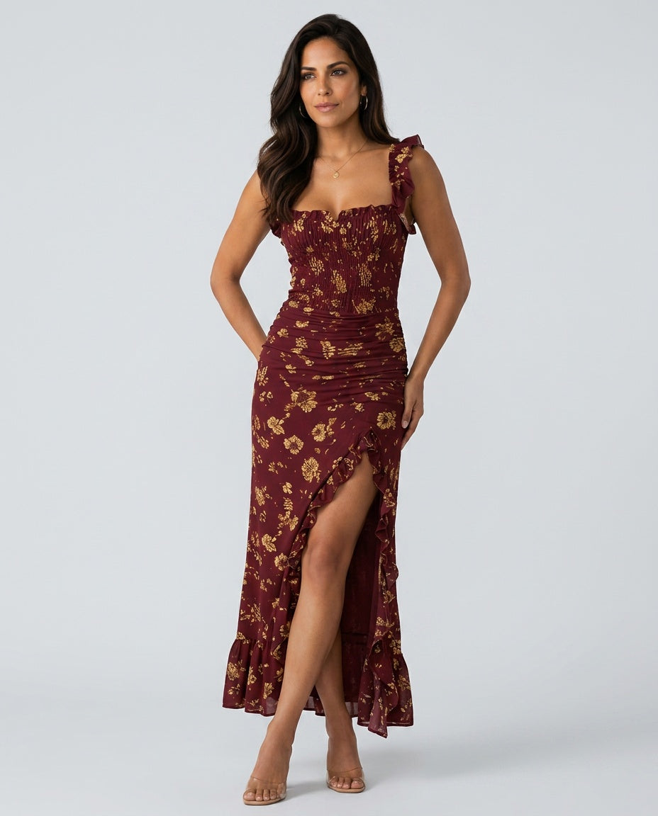 Belen | Boho Floral Ruched Side Slit Maxi Dress