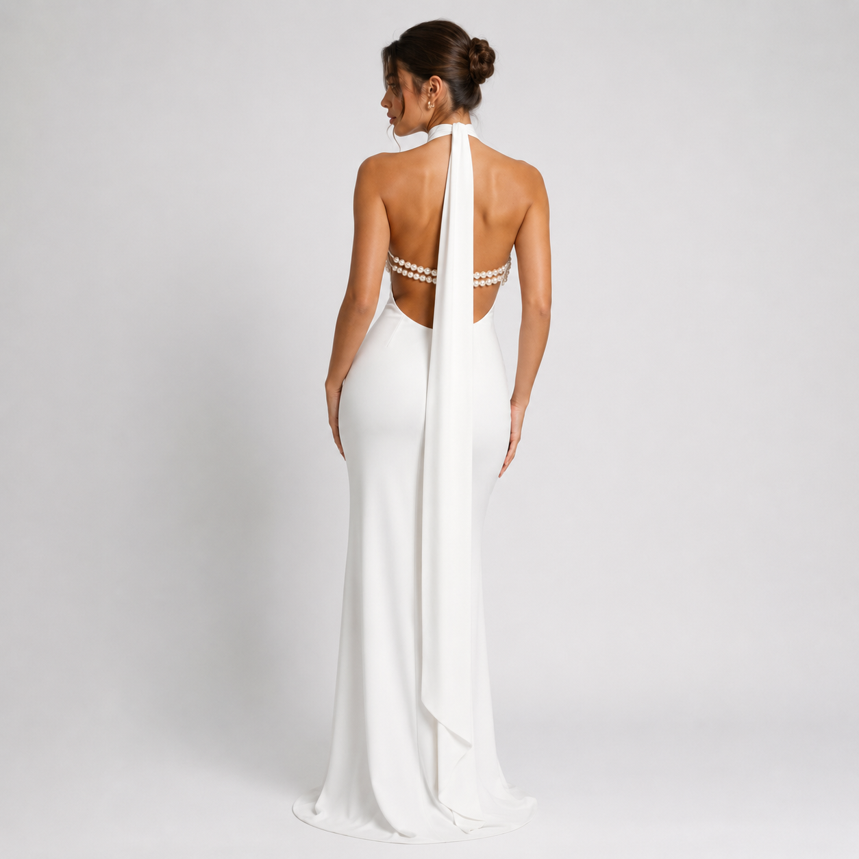 Reina | Backless Pearl Chain Maxi Dress