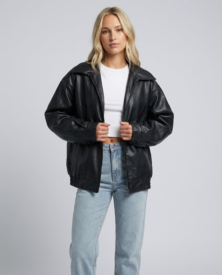 Zoé | Oversized Zip Front Faux Leather Bomber Jacket