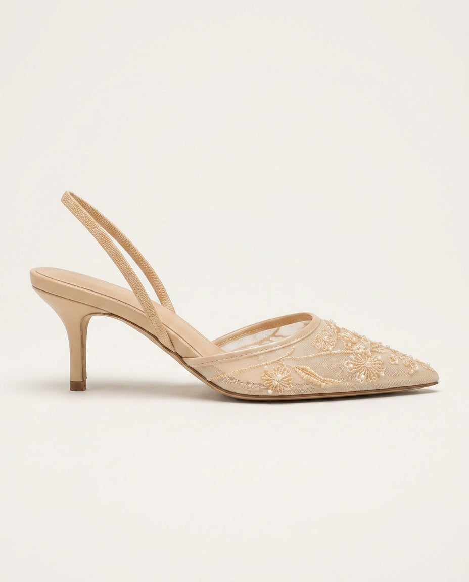 Leona | Embroidered Mesh Kitten Heel Slingbacks