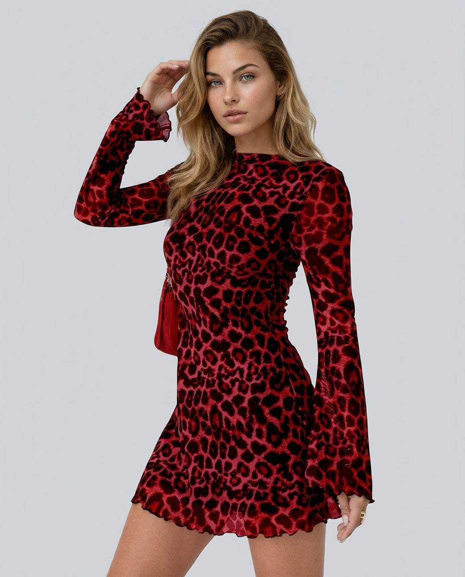 Riley | Leopard Print Long Sleeve Bodycon Mini Dress