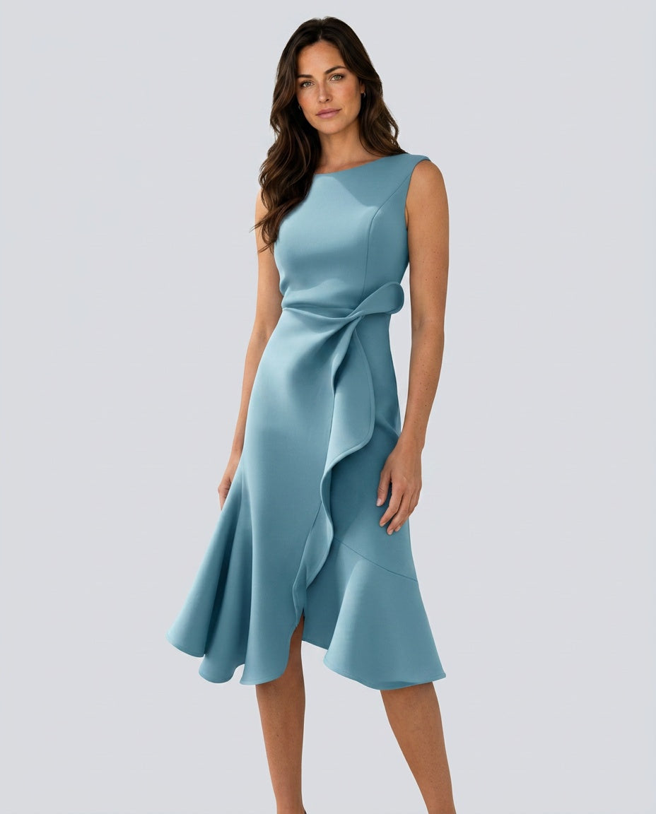 Thea | Sleeveless Draped Asymmetric Midi Dress