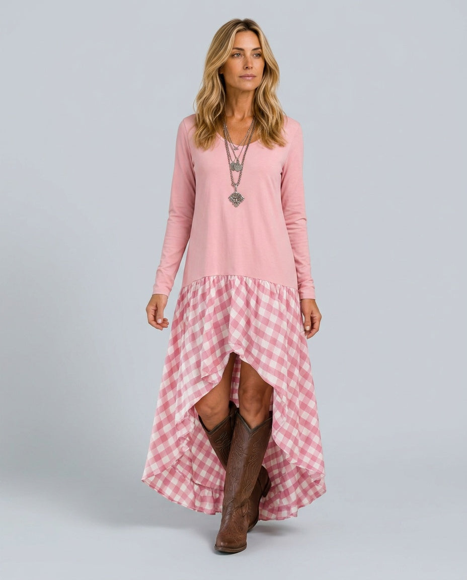 Reva | Gathered Gingham Asymmetric Maxi Dress
