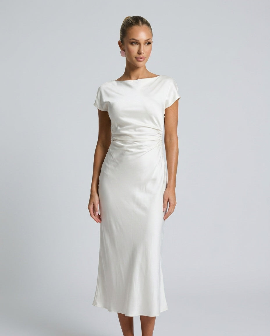 Nora | Short Sleeve Boat Neck Fitted Midi Dress