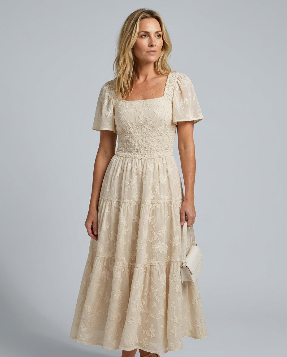 Della | Short Sleeve Textured Floral Midi Dress