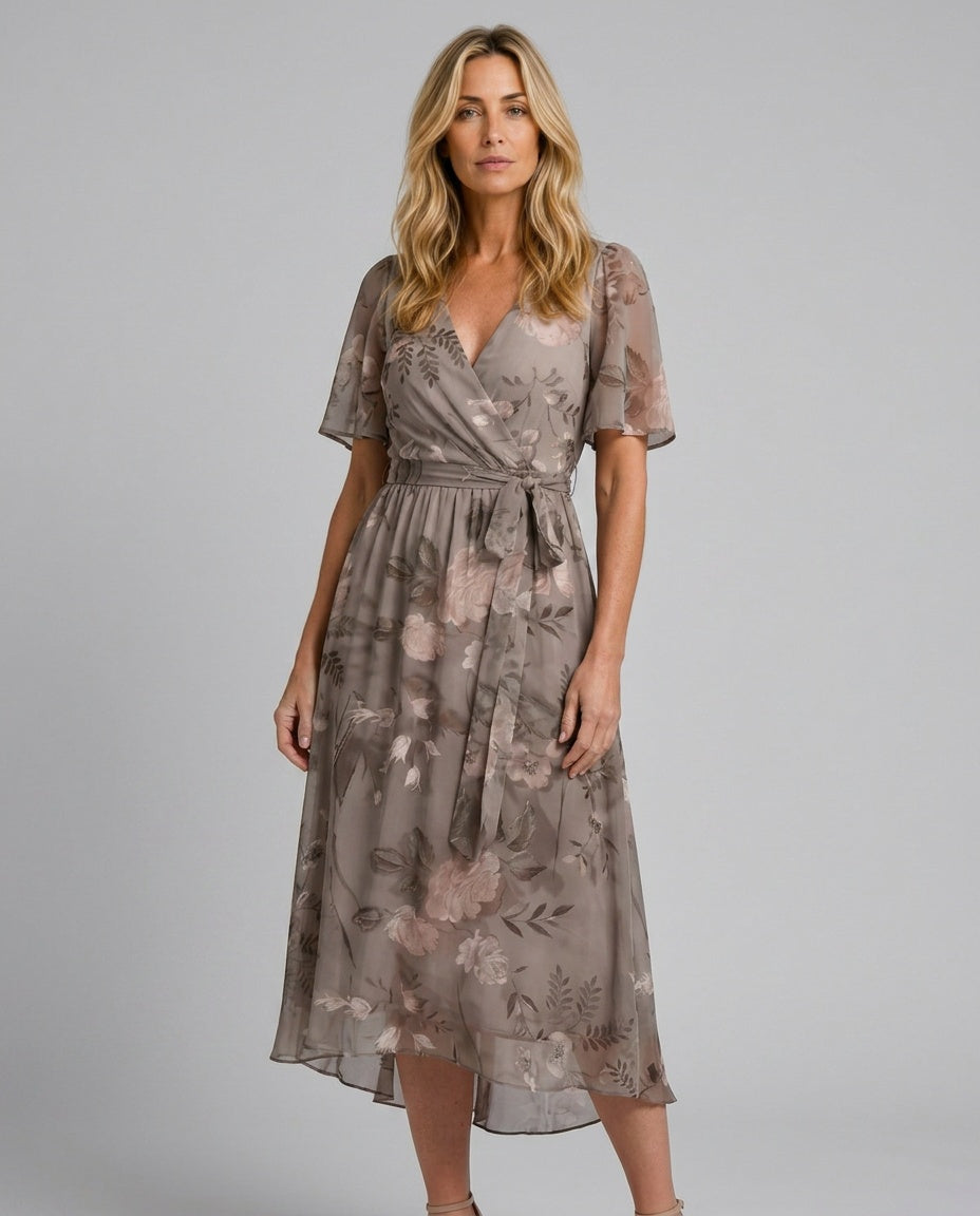 Hazel | Flutter Sleeve Gathered Waist Floral Midi Dress