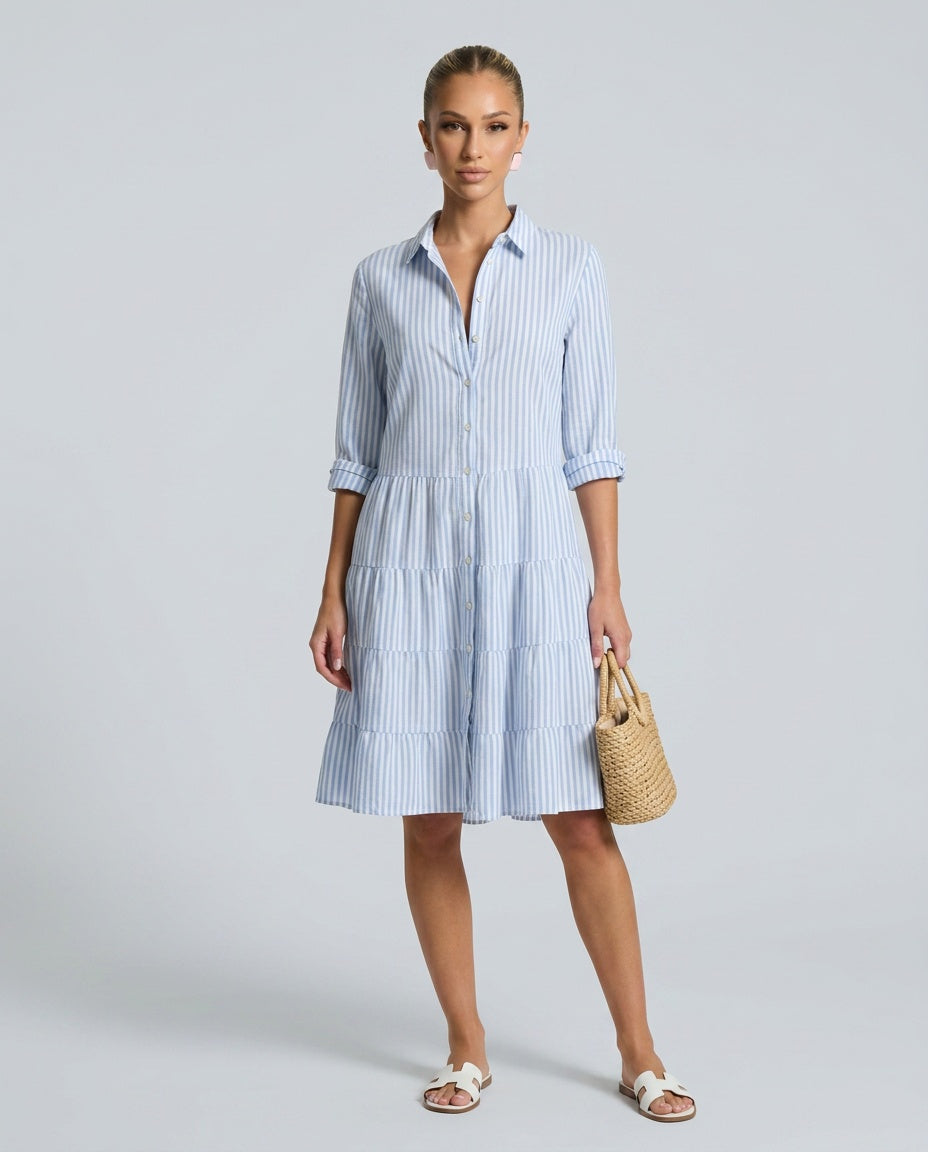 Delphine | Striped Tiered-Hem Midi Dress