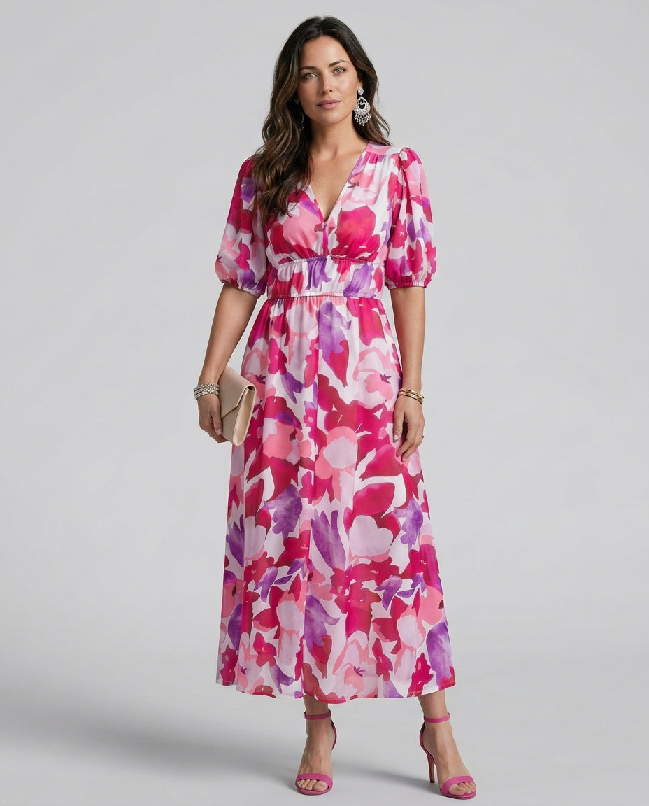 Coralie | Puff Sleeve V-Neck Abstract Print Midi Dress