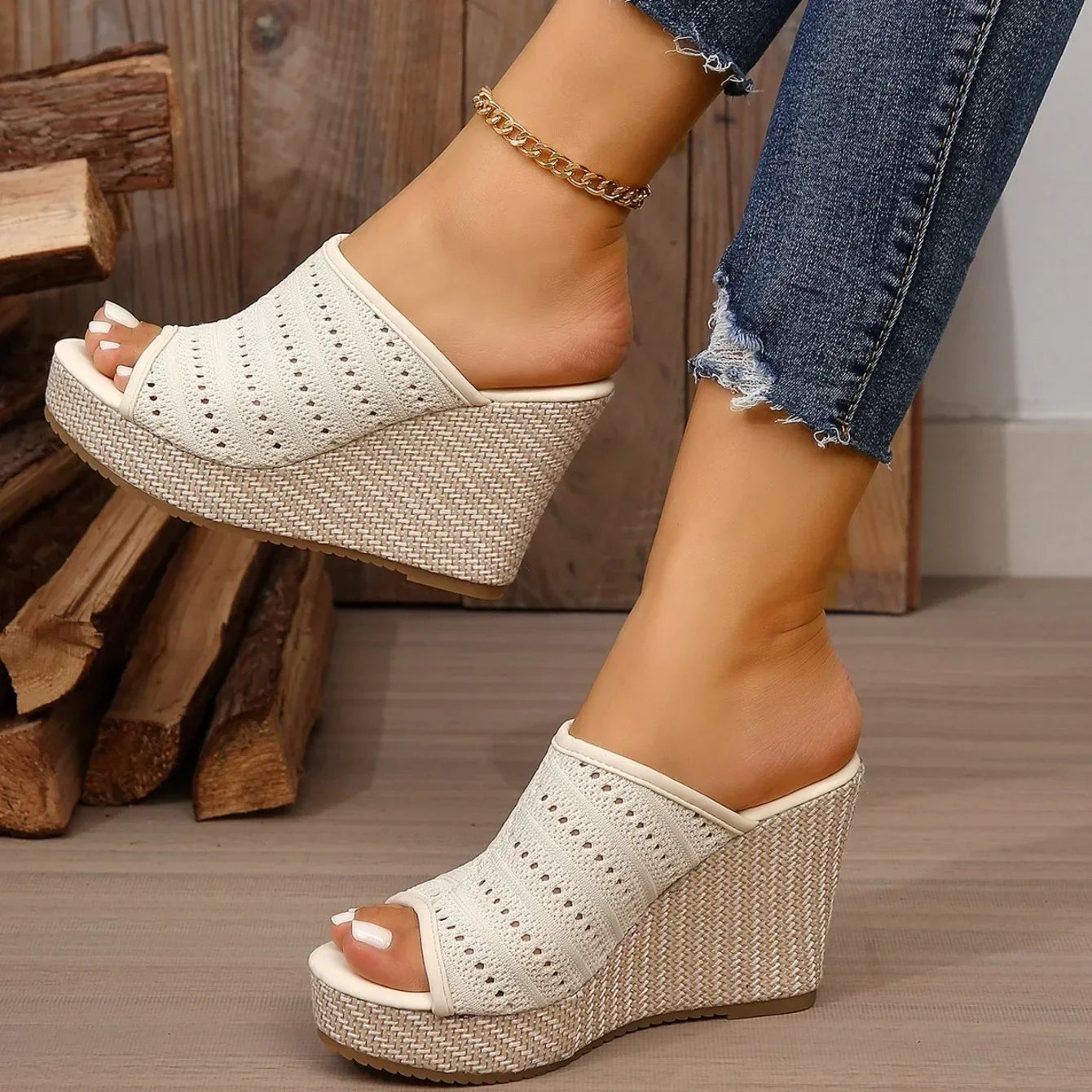 Rocio | Perforated Knit Espadrille Wedge Sandals