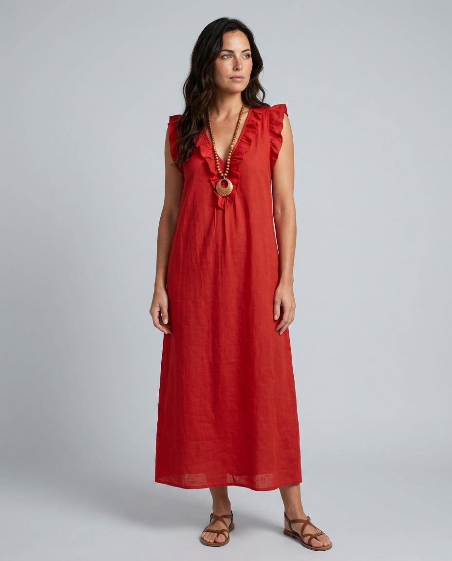 Adara | Ruffle Trim Sleeveless Midi Dress