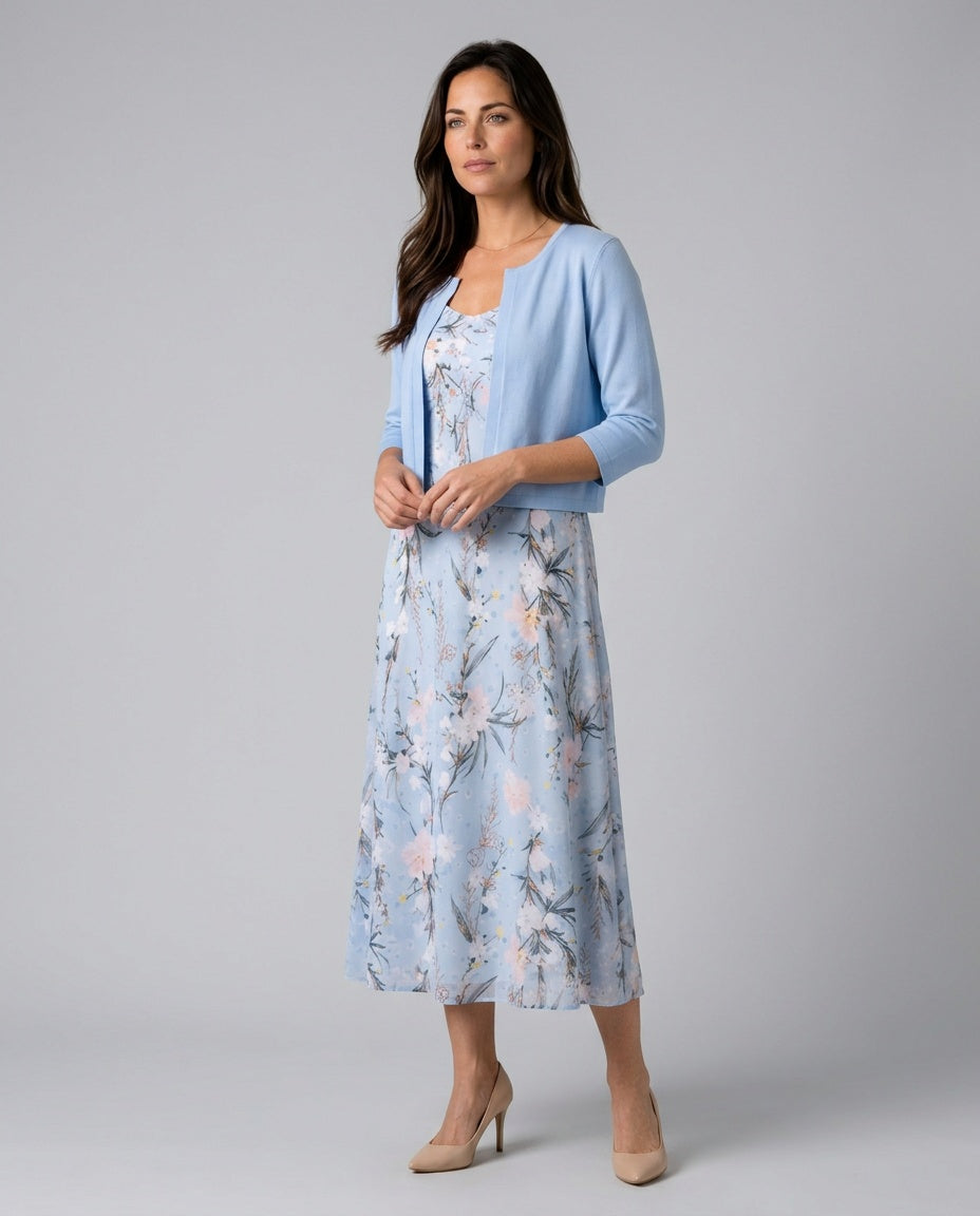 Reva | Floral Print Sleeveless Midi Dress with Cropped Jacket
