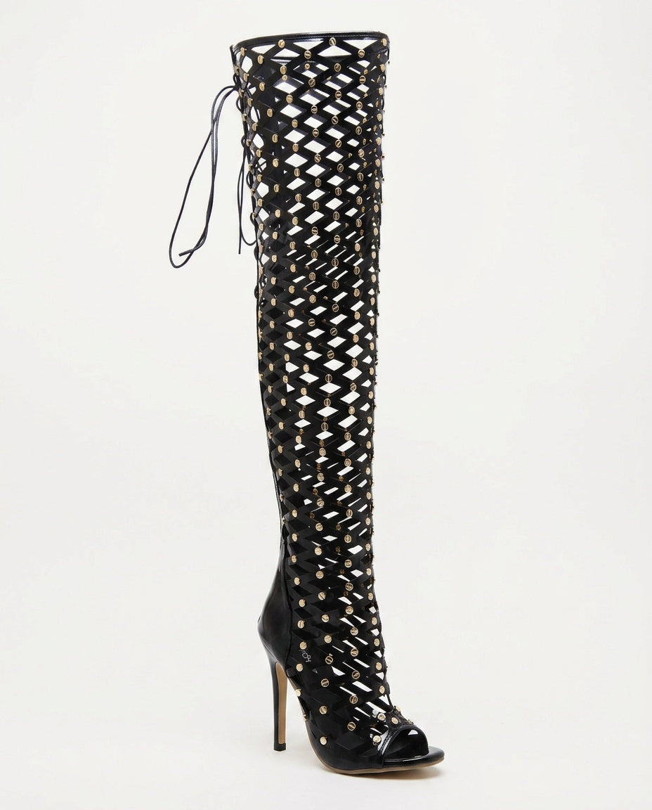 Maison | Lace-Up Net Cut-Out Ankle Boots