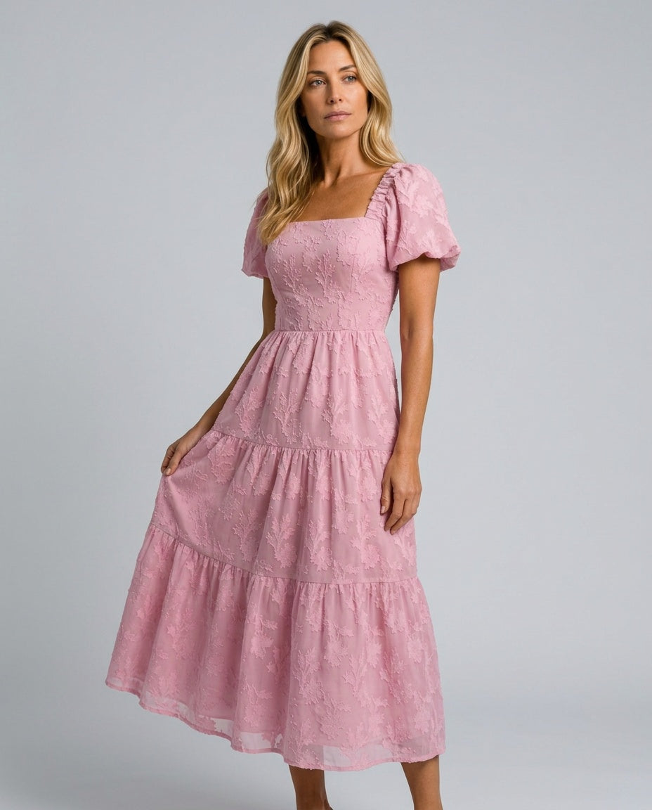 Della | Short Sleeve Textured Floral Midi Dress