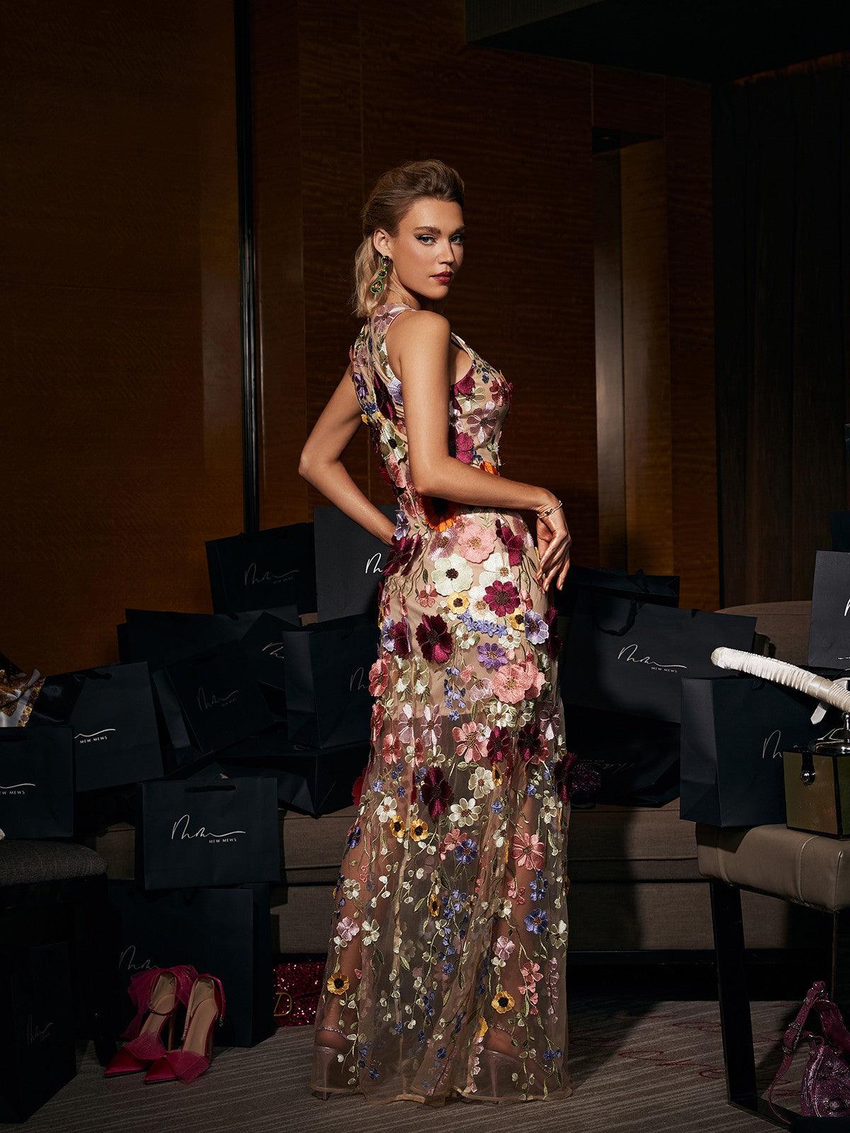 Camila | Sleeveless Floral Mesh Maxi Dress