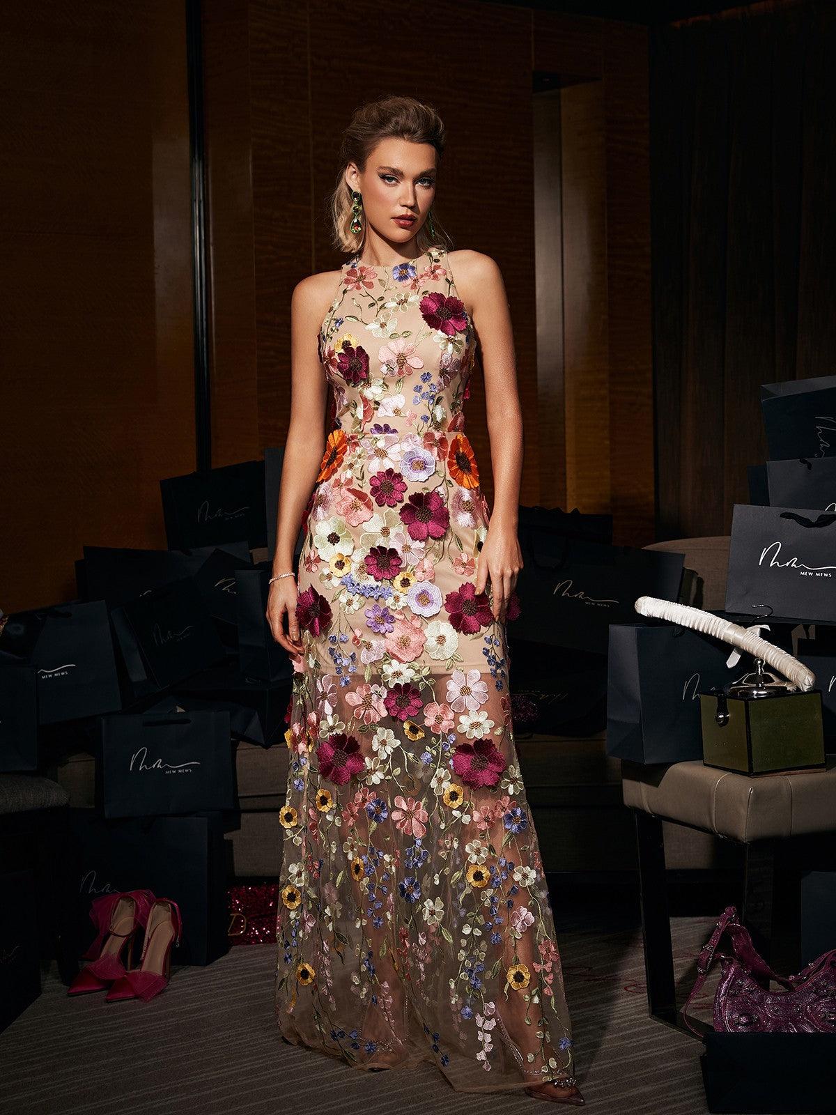 Camila | Sleeveless Floral Mesh Maxi Dress