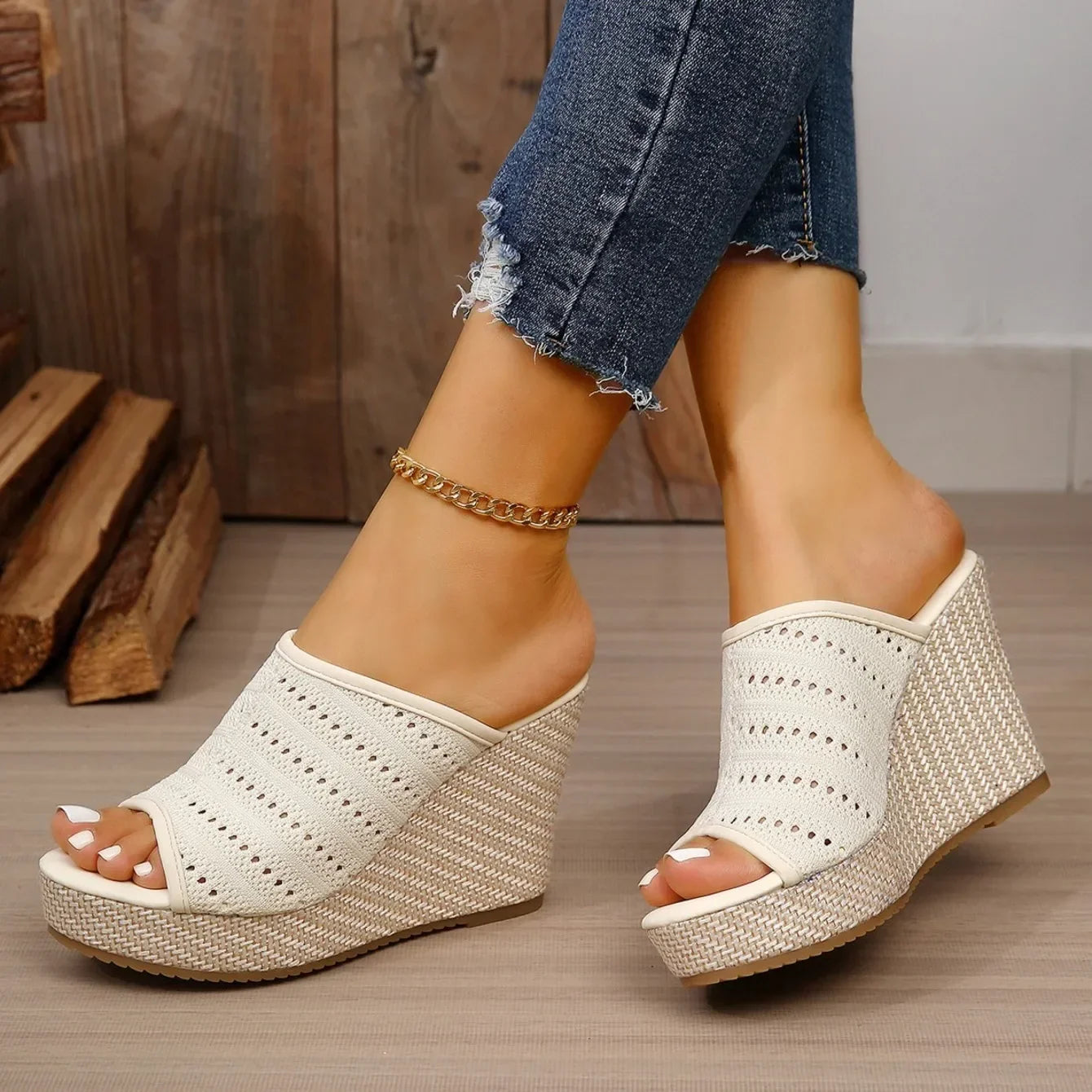 Rocio | Perforated Knit Espadrille Wedge Sandals
