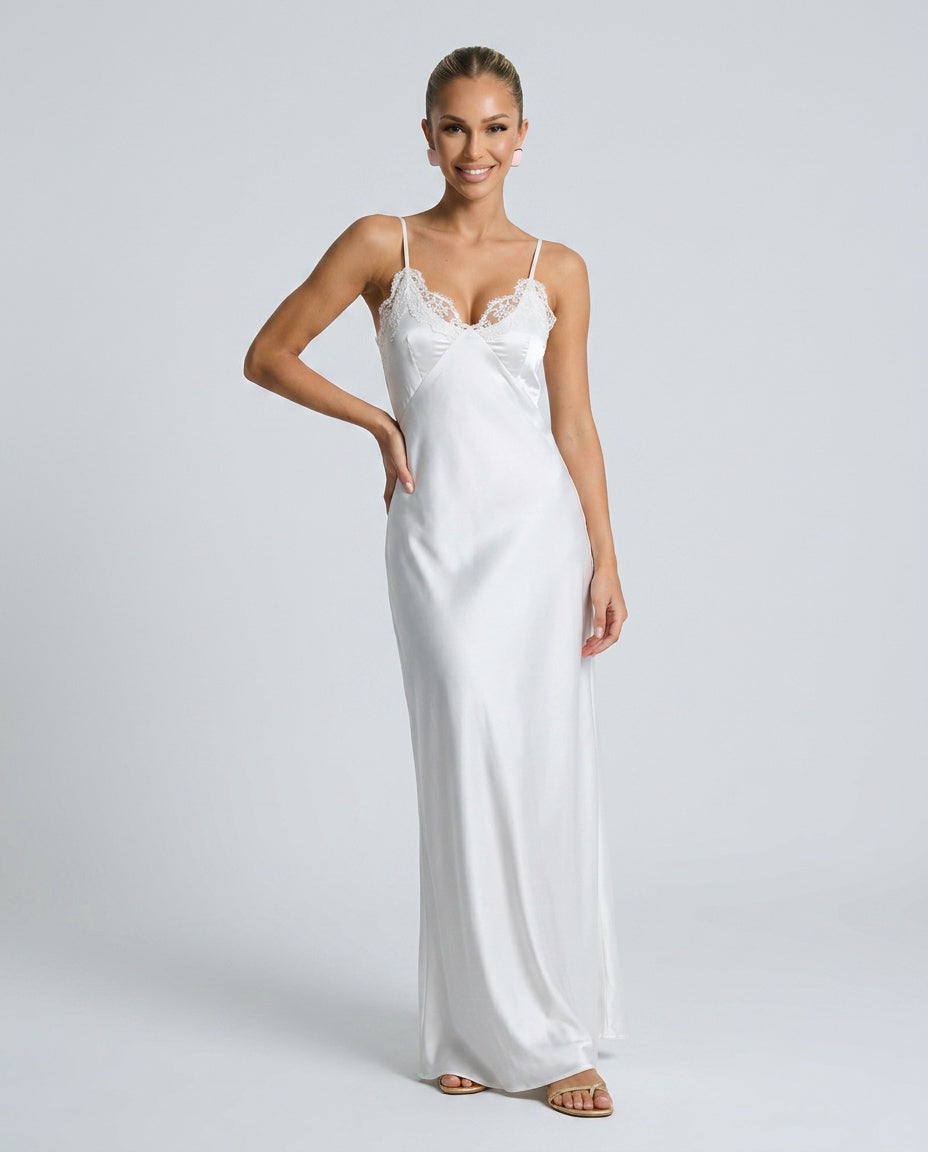 Rocio | V-Neck Lace Trim Satin-Look Maxi Dress