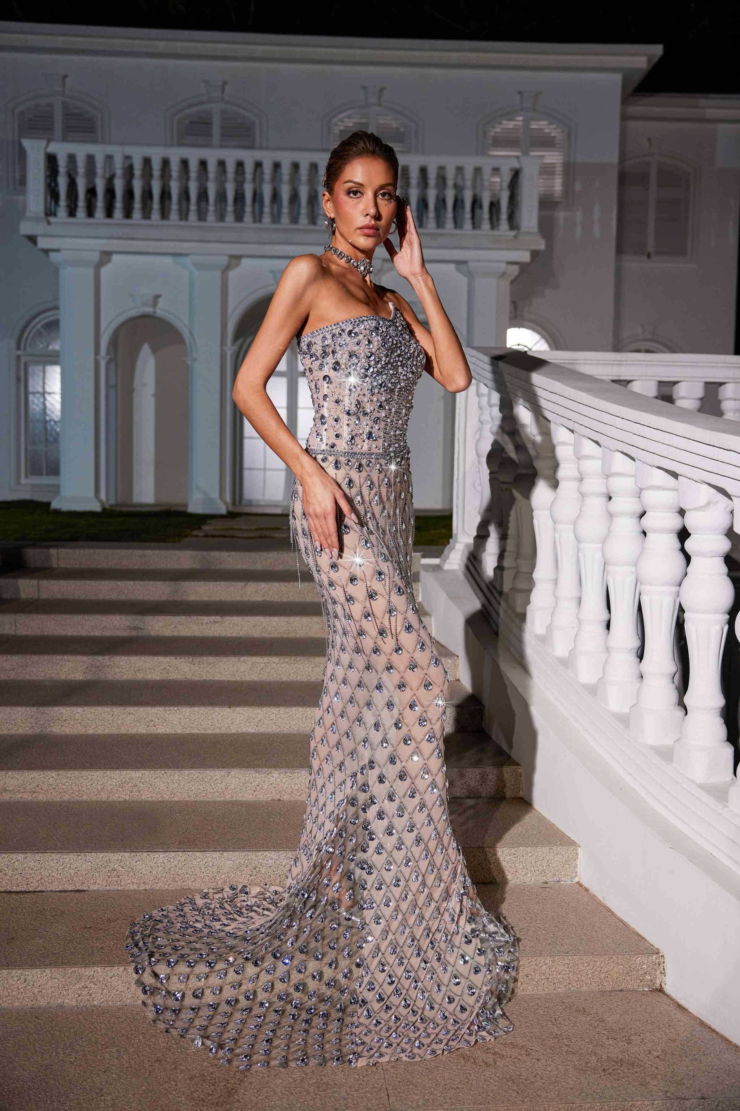 Kinsley | Strapless Rhinestone Mesh Maxi Dress