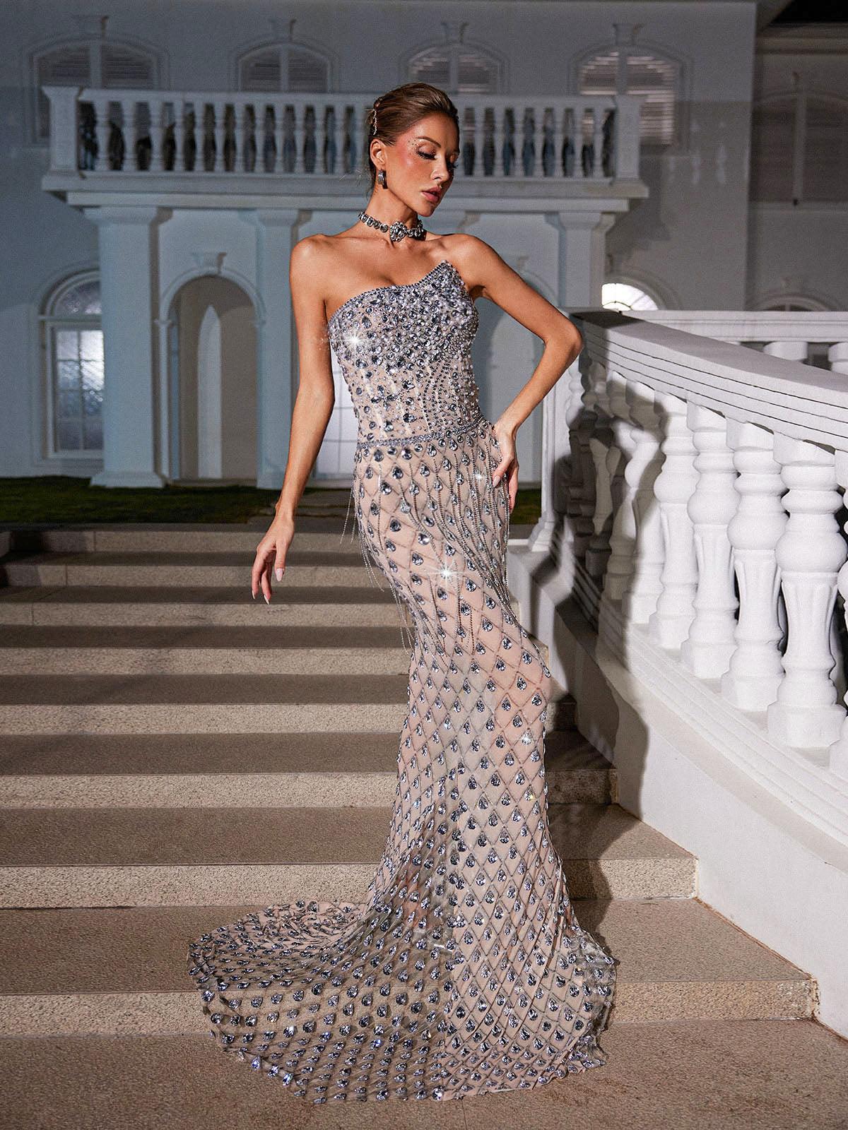 Kinsley | Strapless Rhinestone Mesh Maxi Dress