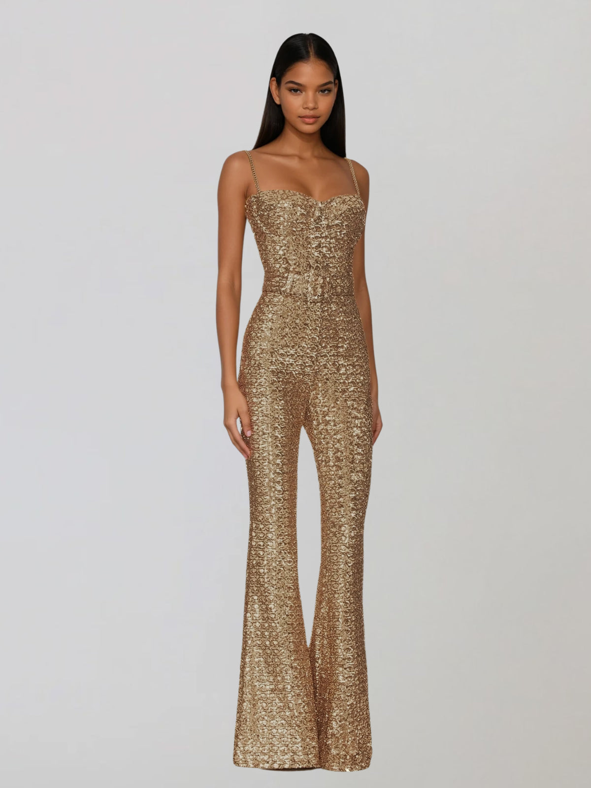Saskia | Spaghetti Strap Sequin Flared Jumpsuit
