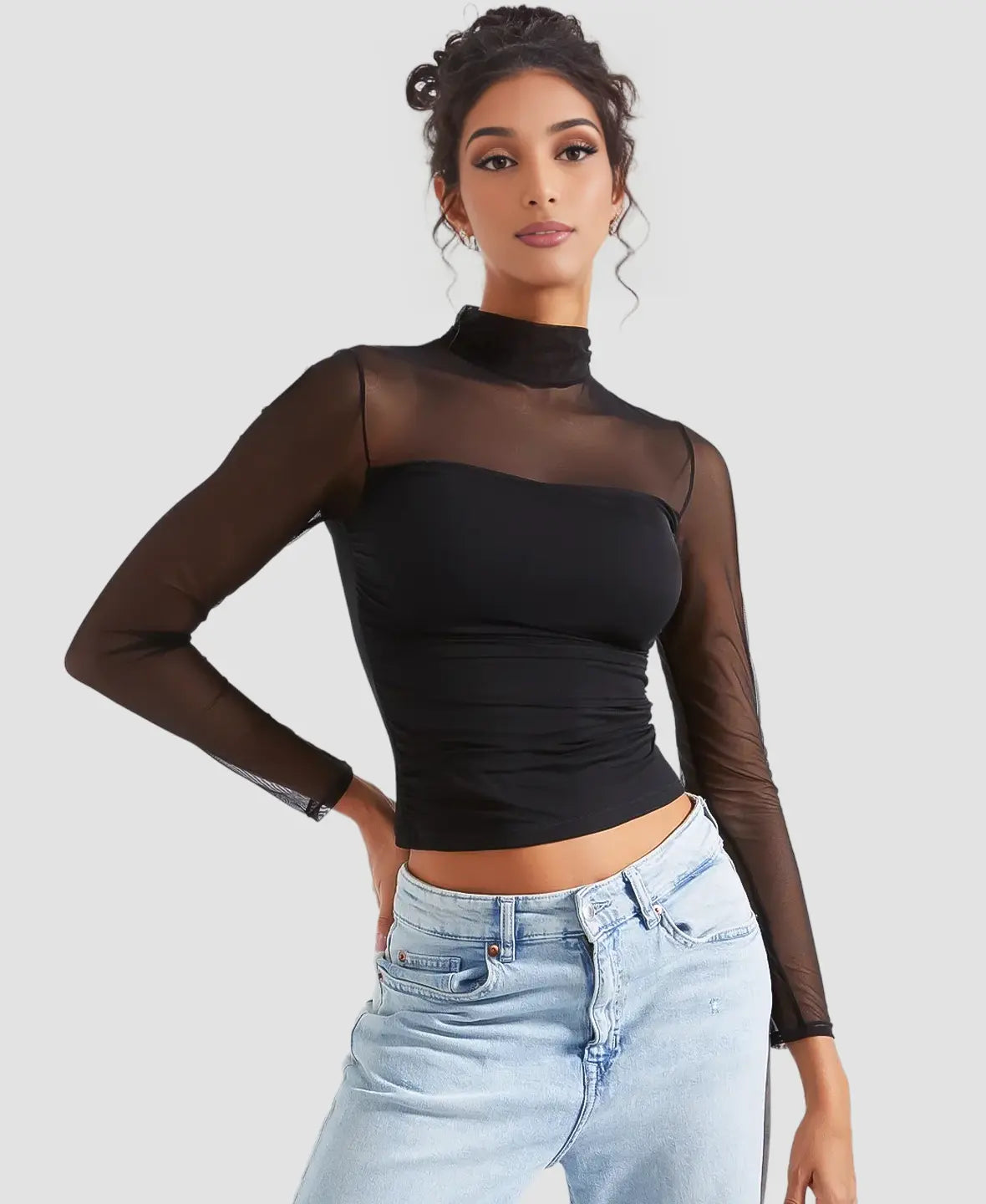 Pia | Sheer Mesh Long Sleeve Turtleneck Top