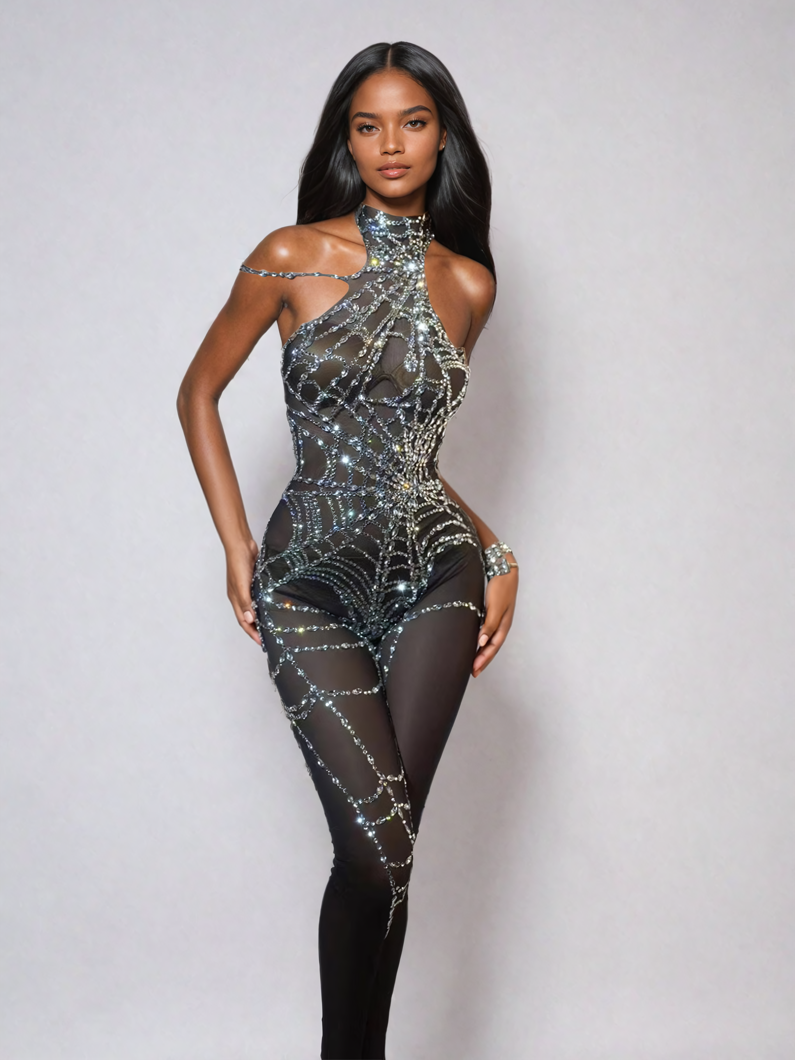 Micaela | Cutout Cobweb Rhinestone Mesh Jumpsuit