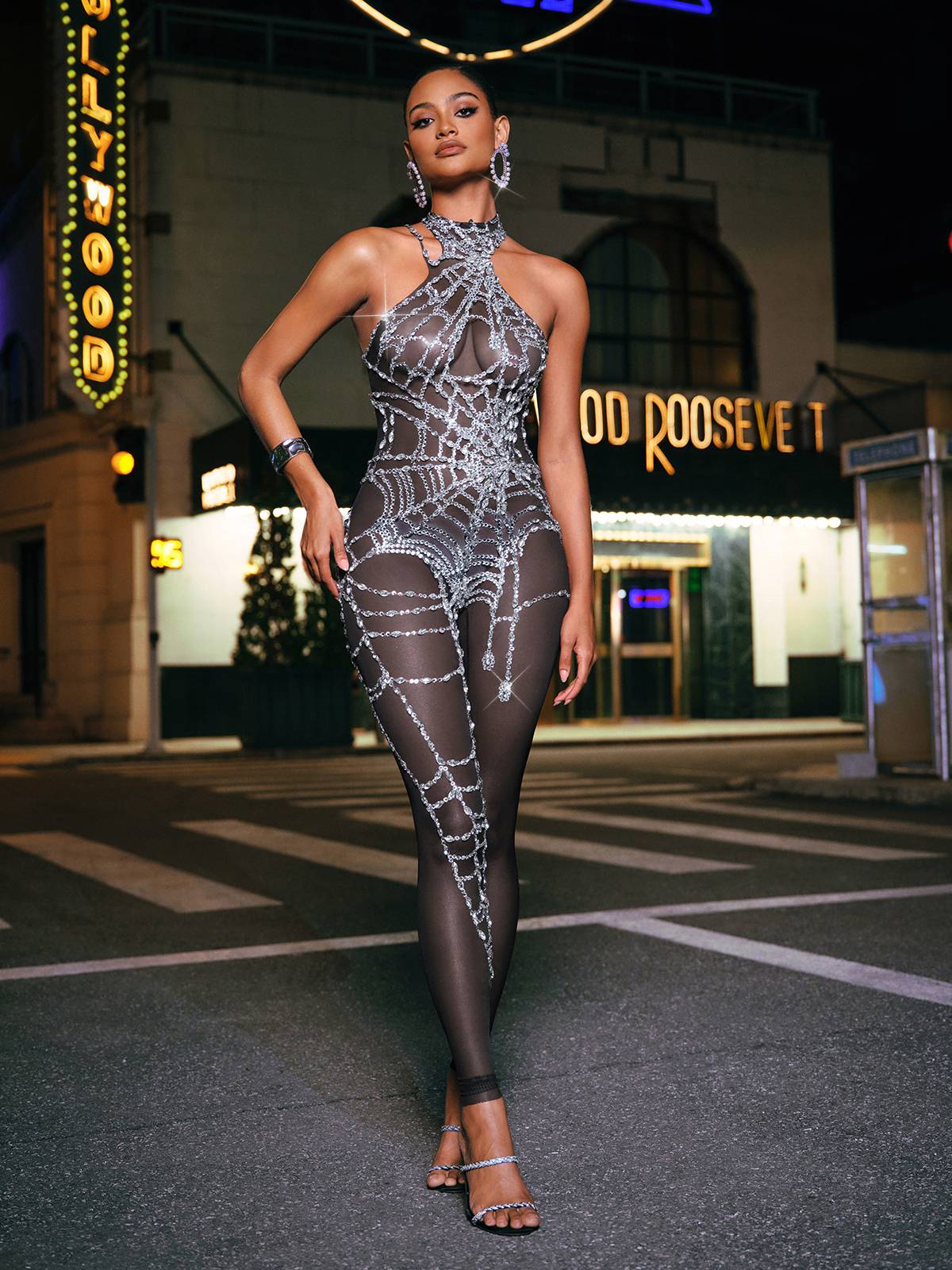 Micaela | Cutout Cobweb Rhinestone Mesh Jumpsuit