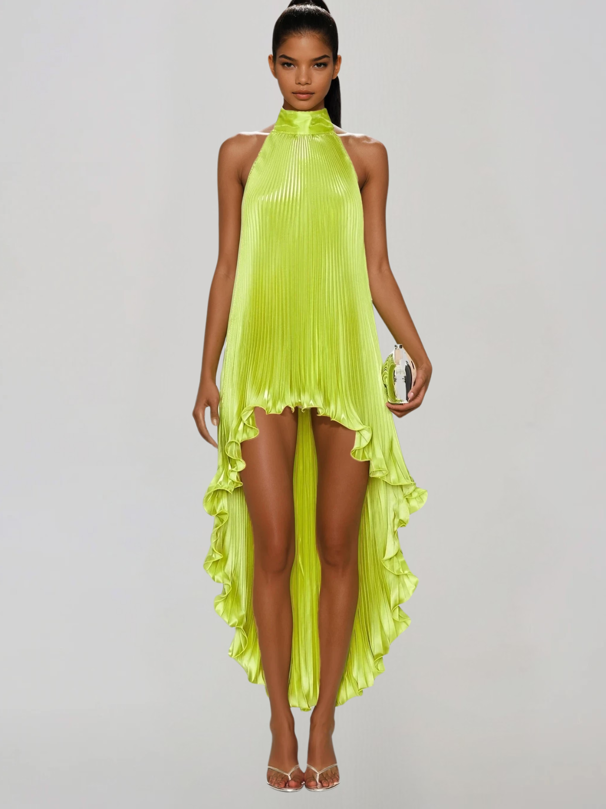Beatrix | High Neck Pleated Metallic Midi Dress