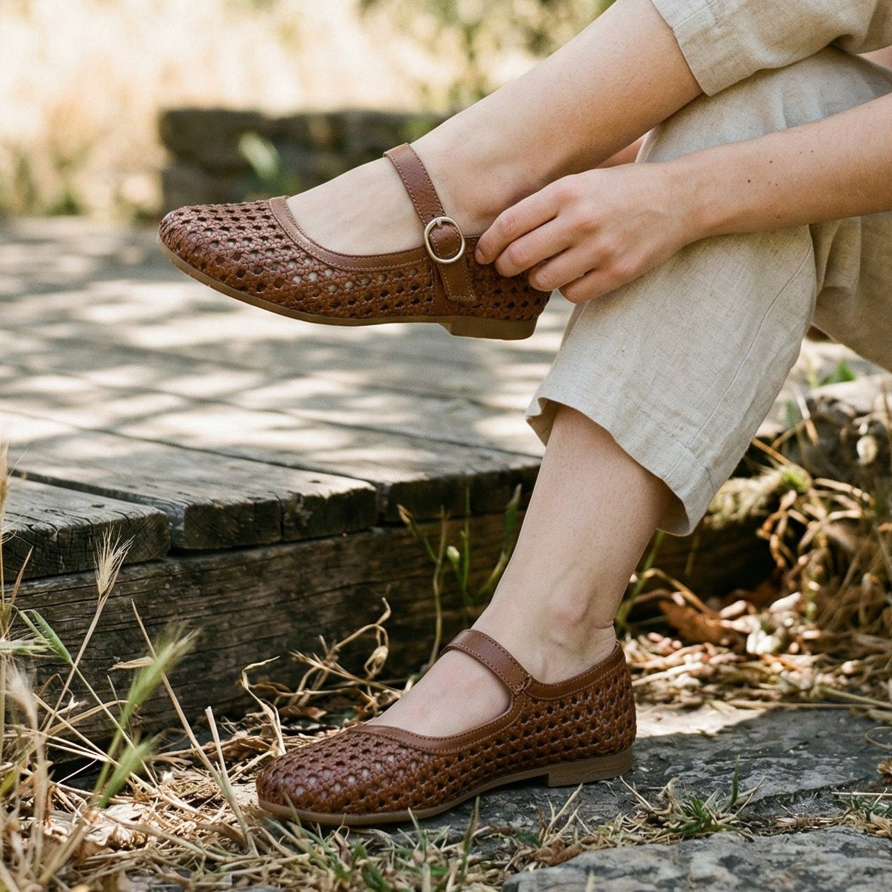 Maren | Adjustable Buckle Brown Flats