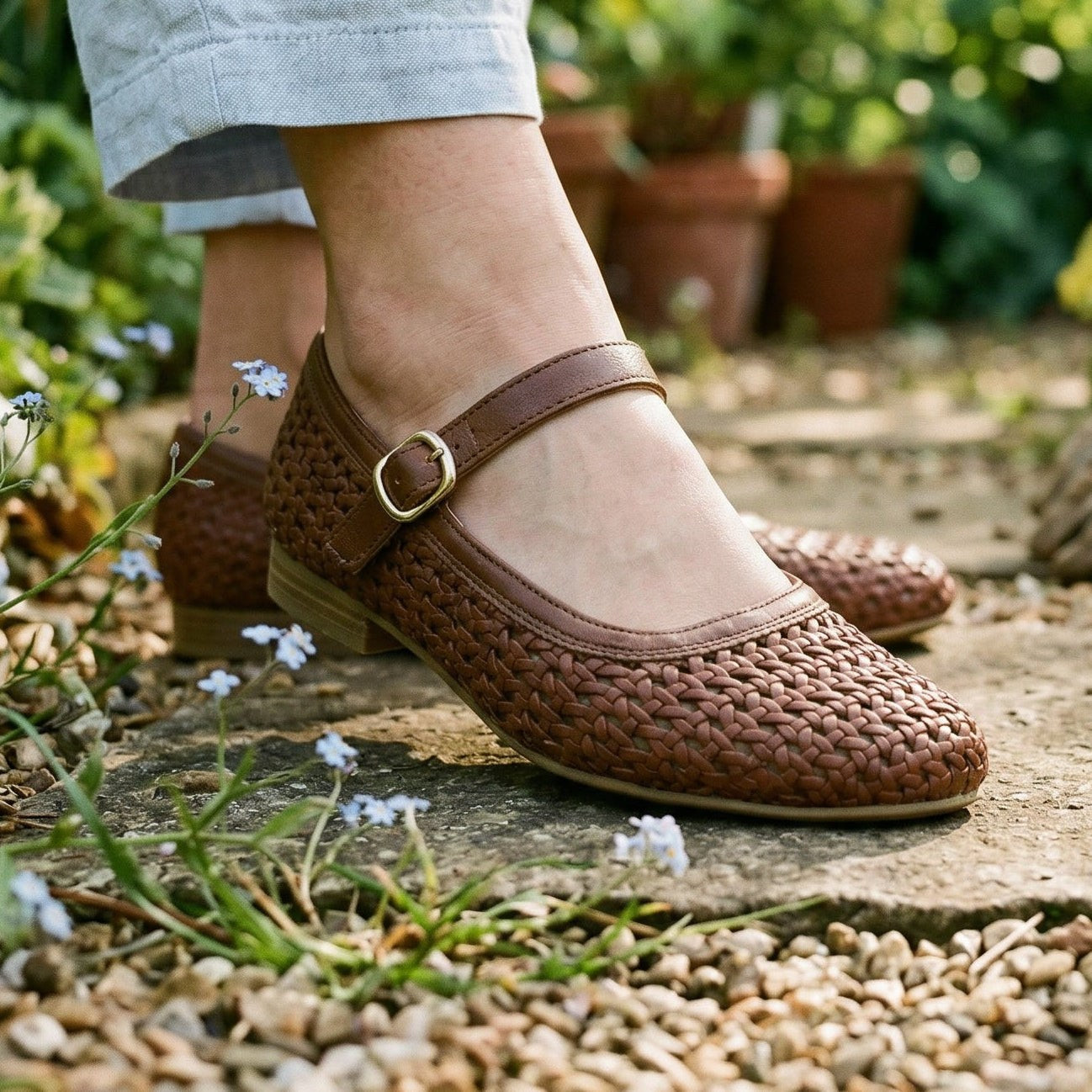 Maren | Adjustable Buckle Brown Flats