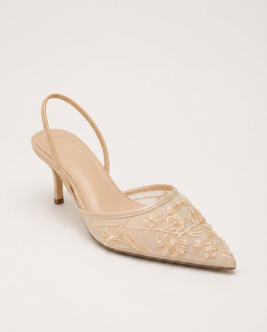 Leona | Embroidered Mesh Kitten Heel Slingbacks