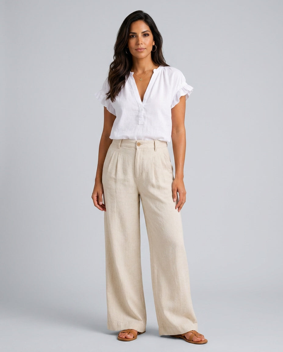 Ines | V-Neck Flared Sleeve Linen-Blend Blouse