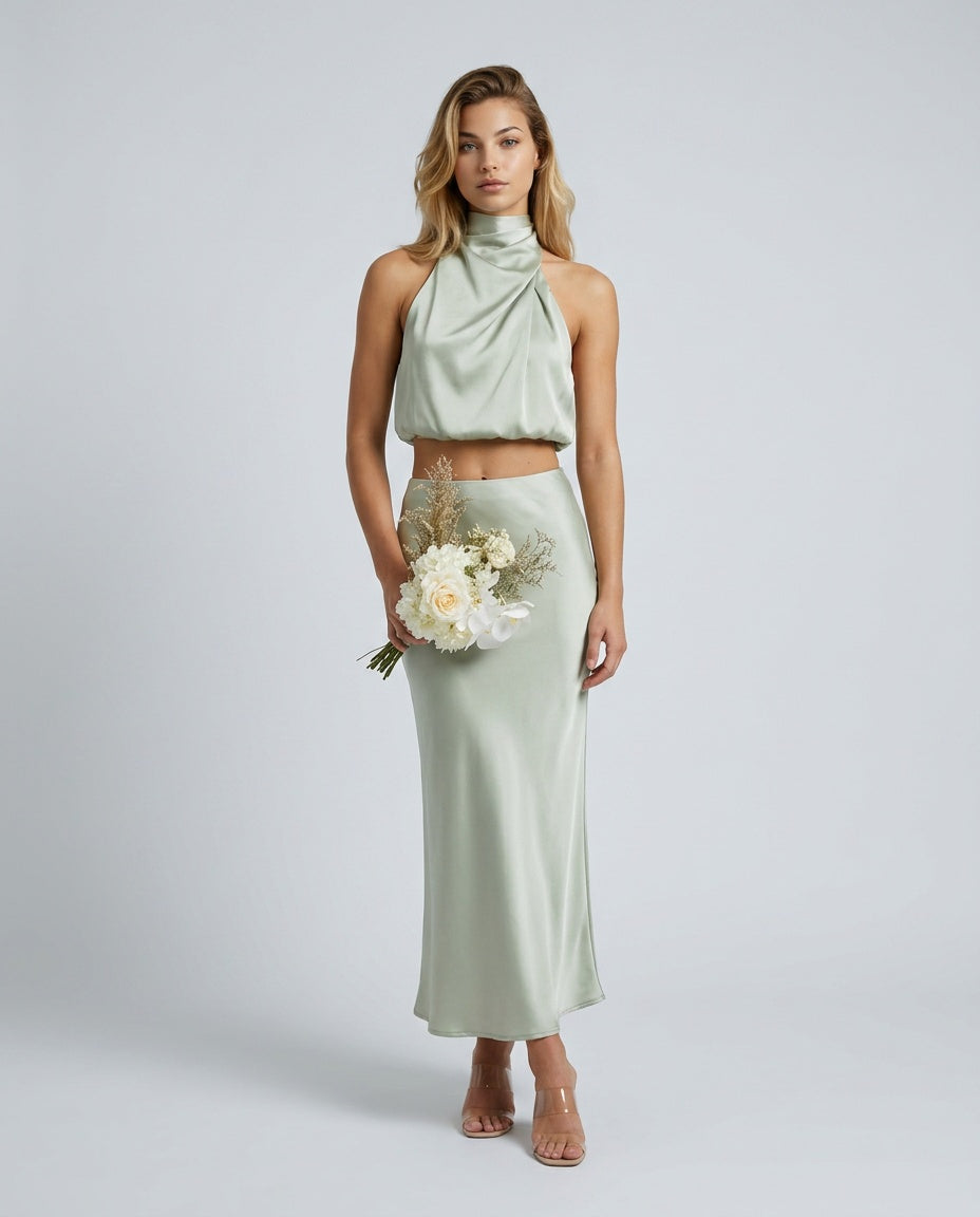 Cora | Halter Crop Top & High Waist Midi Skirt Set
