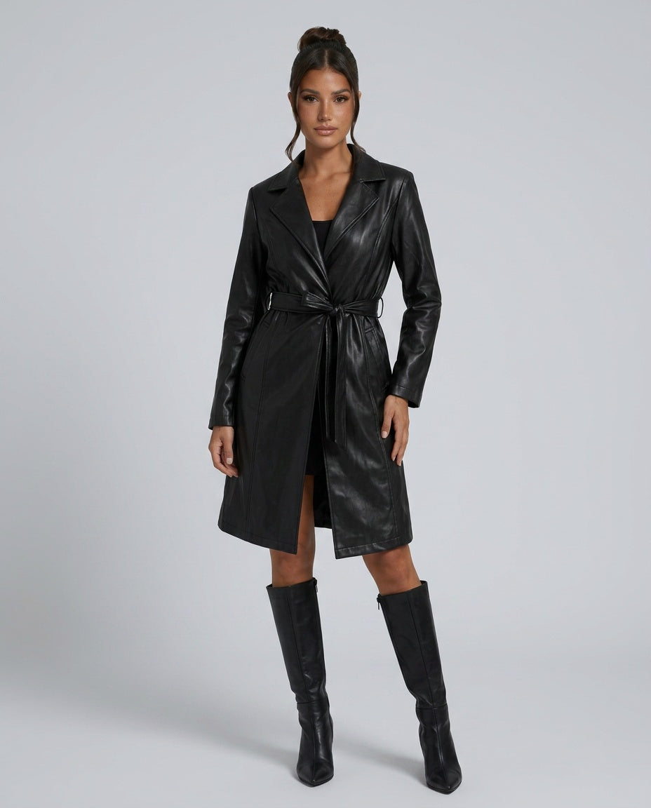 Naia | Longline Belted Faux Leather Trench Coat