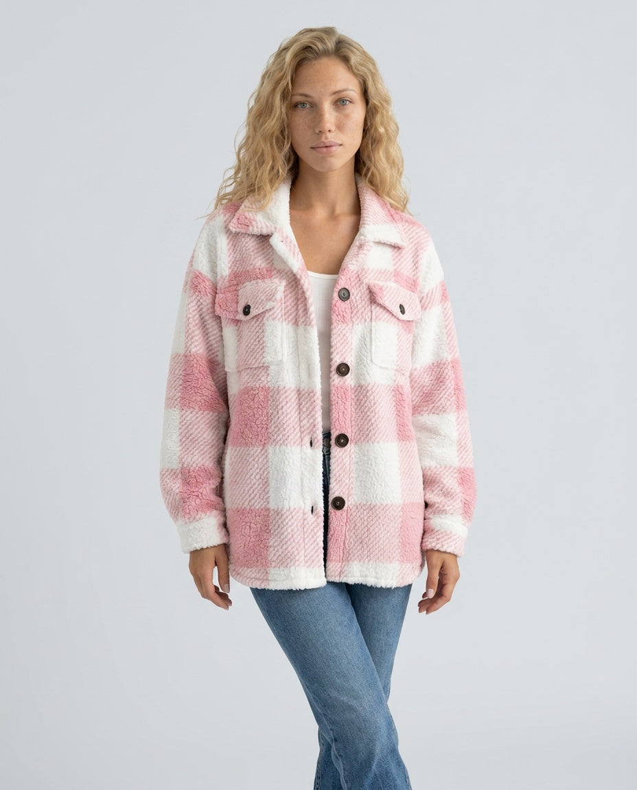 Piper | Check Print Button Front Sherpa Jacket