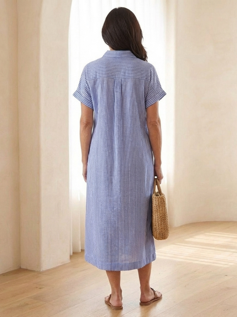 Saffron | Striped Button-Front Short Sleeve Midi Dress
