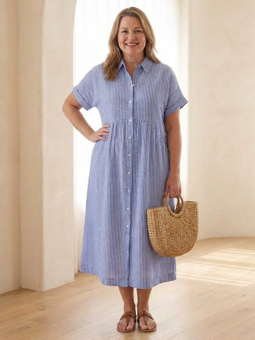 Saffron | Striped Button-Front Short Sleeve Midi Dress