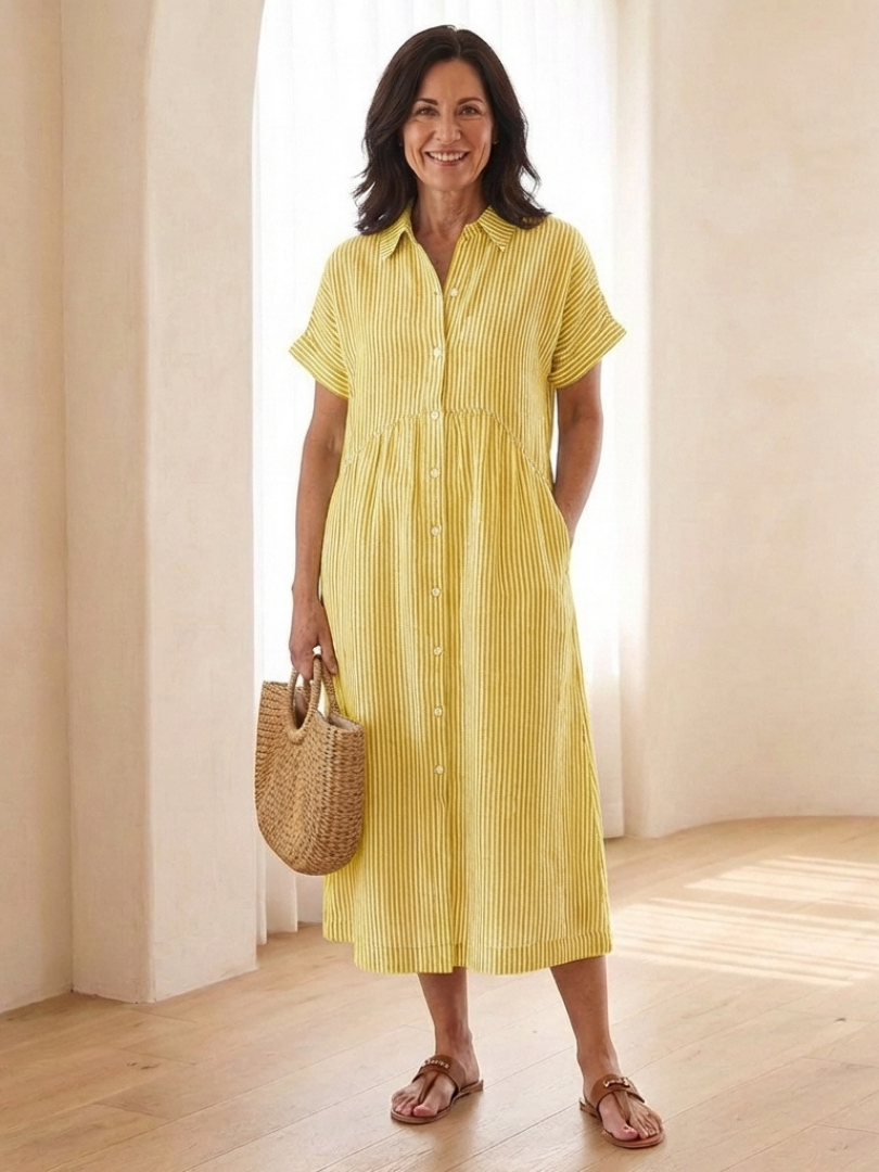 Saffron | Striped Button-Front Short Sleeve Midi Dress