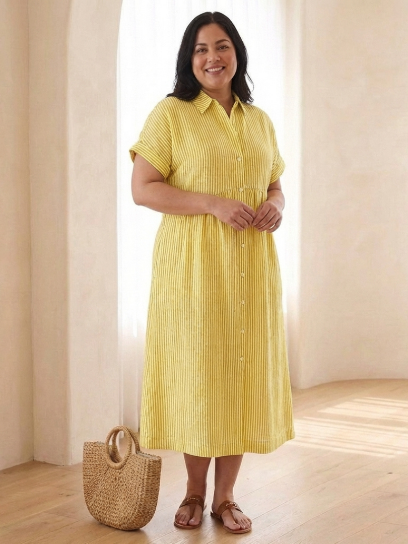 Saffron | Striped Button-Front Short Sleeve Midi Dress