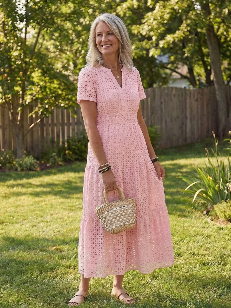 Tessa | Short Sleeve Eyelet Tiered Midi Dress