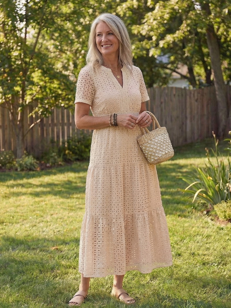 Tessa | Short Sleeve Eyelet Tiered Midi Dress
